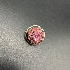 Vintage Flower Brooch Pin Pink Rhinestone Gold Tone Round Dainty Jewelry